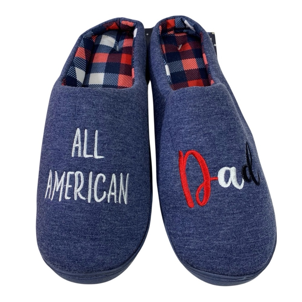 Men’s All American Dad Blue Slippers Warm Cozy Plaid NWT Loungewear Casual